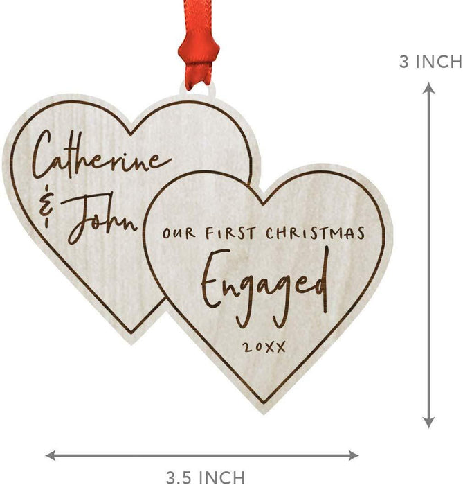 Personalized Real Wood Rustic Christmas Ornament, Double Hearts, Our First Christmas Engaged, Custom Year-Set of 1-Andaz Press-