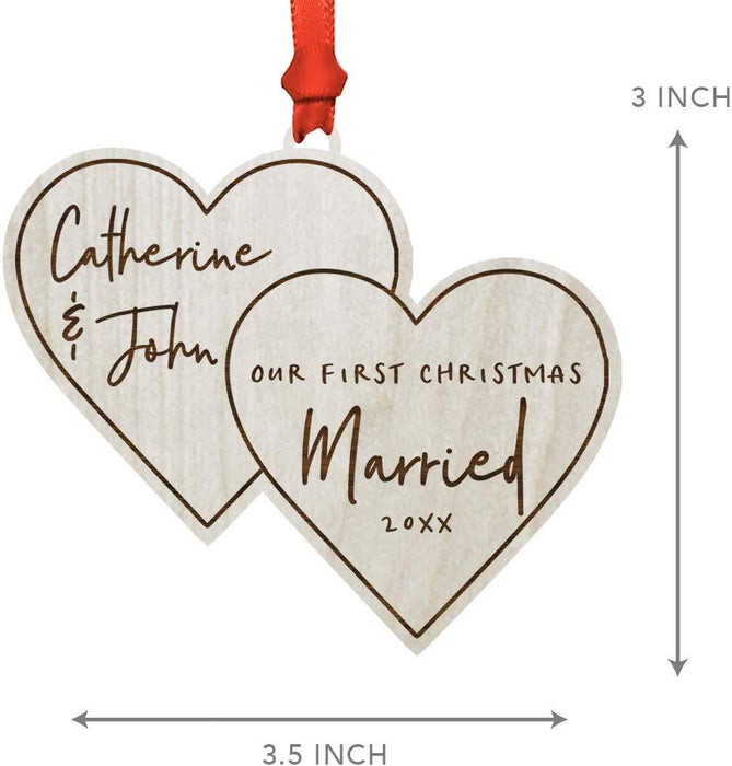 Personalized Real Wood Rustic Christmas Ornament, Double Hearts, Our First Christmas Married, Custom Year-Set of 1-Andaz Press-