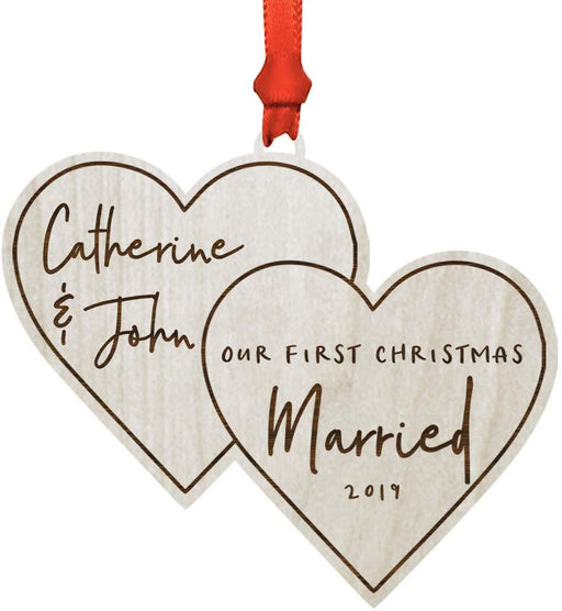 Personalized Real Wood Rustic Christmas Ornament, Double Hearts, Our First Christmas Married, Custom Year-Set of 1-Andaz Press-