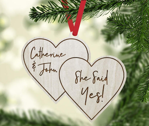 Personalized Real Wood Rustic Christmas Ornament, Double Hearts, She Said Yes!, Names-Set of 1-Andaz Press-