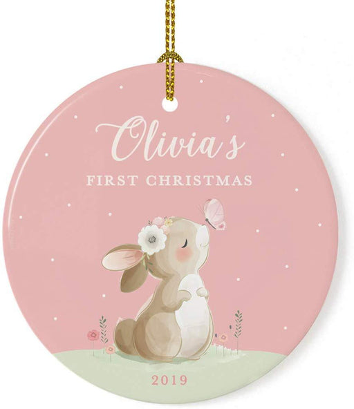 Personalized Round Porcelain Christmas Ornament, Bunny Rabbit Blush Pink Mint, Custom Name and Year-Set of 1-Andaz Press-First Christmas-