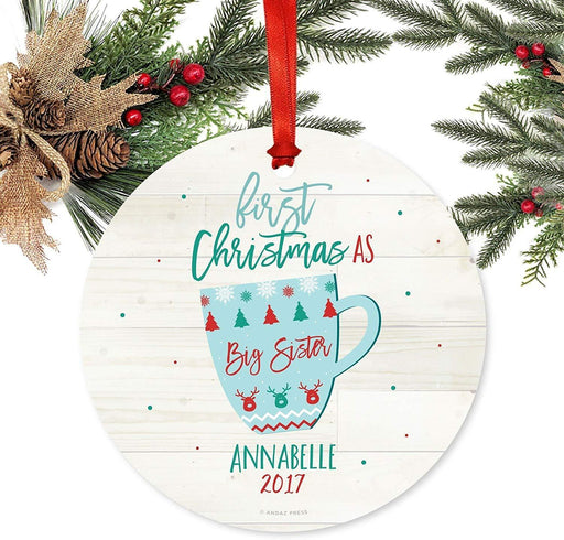 Personalized Sibling Family Metal Christmas Ornament First Christmas as Big Sister Chloe Xmas Fair Isle Hot Cocoa Mugs-Set of 1-Andaz Press-