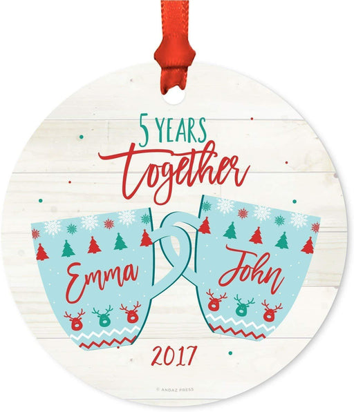 Personalized Wedding Anniversary Metal Christmas Ornament 5 Years Together Xmas Fair Isle Hot Cocoa Mugs-Set of 1-Andaz Press-