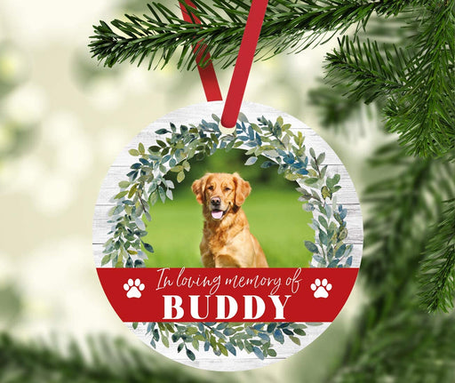 Photo Personalized Round Metal Christmas Dog Ornament Keepsake, Pet Memorial Ideas-Set of 1-Andaz Press-Loving Memory-