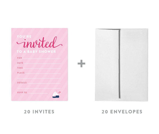 Pink Girl Nautical Baby Shower Blank Invitations-Set of 20-Andaz Press-