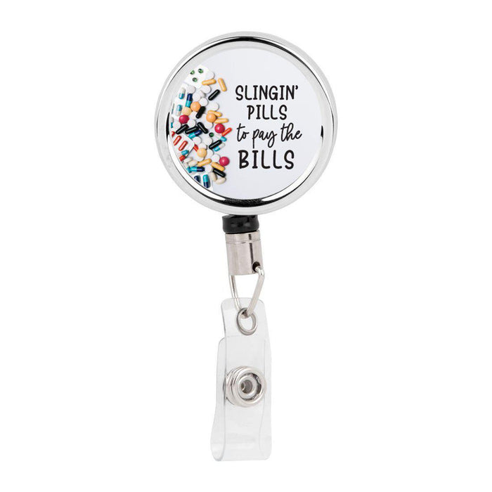 Andaz Press Retractable Badge Reel Holder with Clip, Key Belt Clip Slinging' Pills to Pay The Bills Pharmacy, Size: Large, White