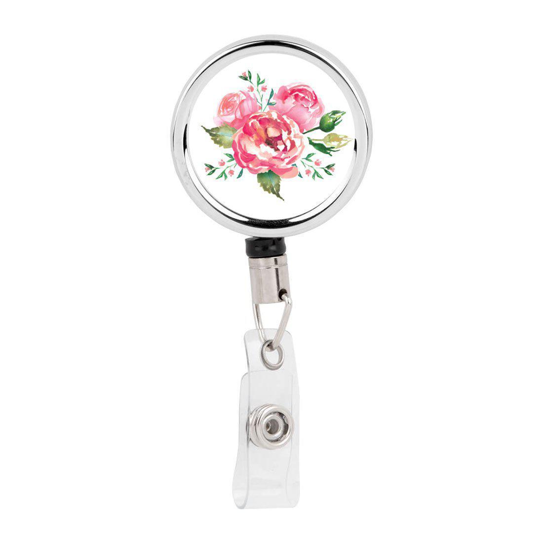 Retractable Badge Reel Holder With Clip, Pink Peonies Floral Design