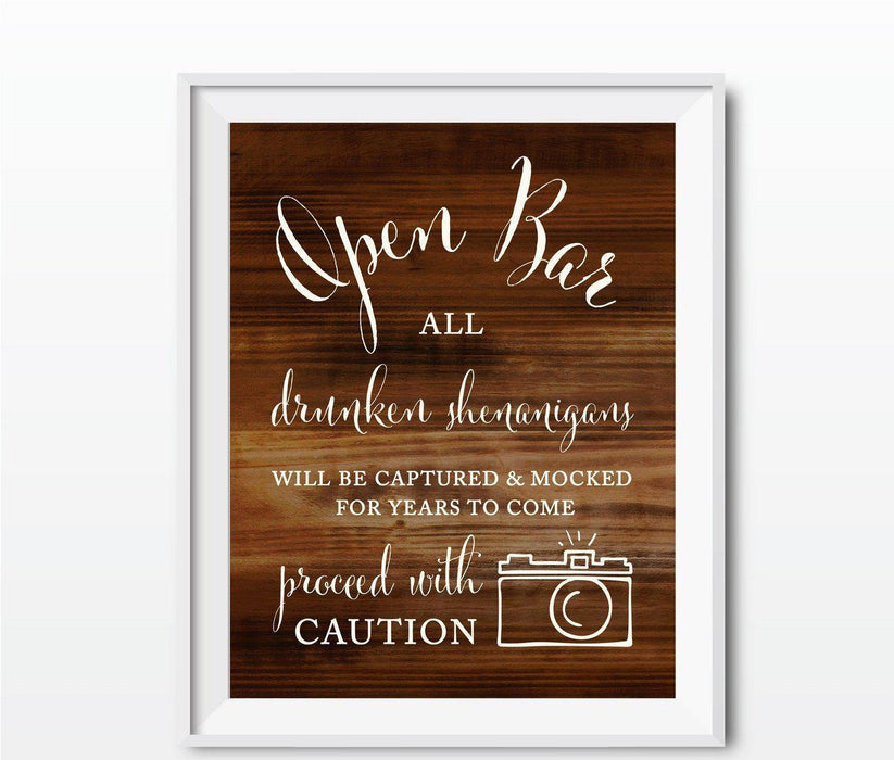 Rustic Wood Wedding Party Signs-Set of 1-Andaz Press-Open Bar Drunken Shenanigans-