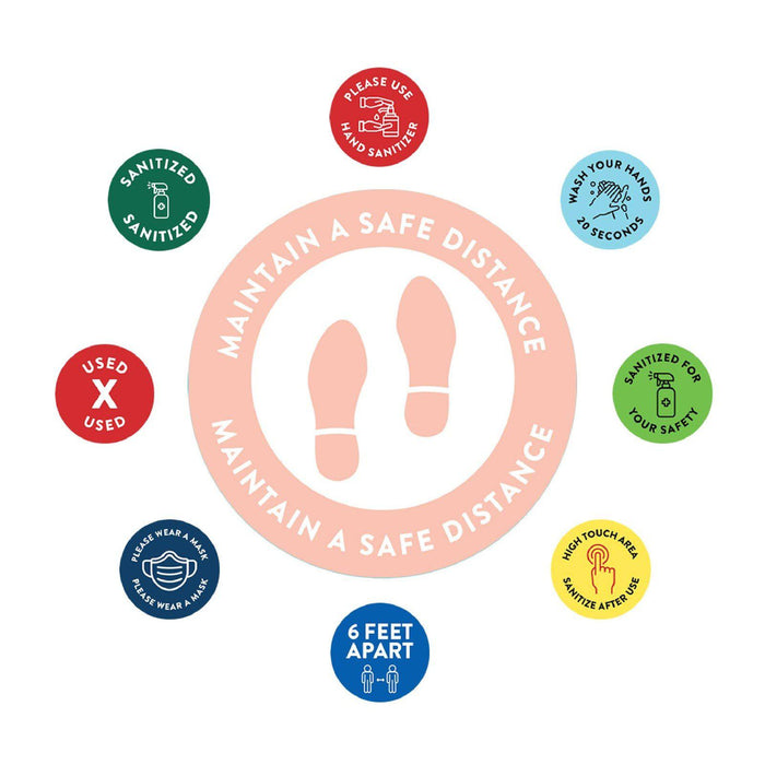 Social Distancing Round 6 Feet Apart Floor Stickers Business Signs, Vinyl Sticker Decals Part 1-Set of 50-Andaz Press-Maintain A Safe Distance Peach-