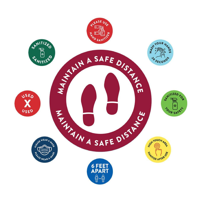 Social Distancing Round 6 Feet Apart Floor Stickers Business Signs, Vinyl Sticker Decals Part 1-Set of 50-Andaz Press-Maintain A Safe Distance Red-