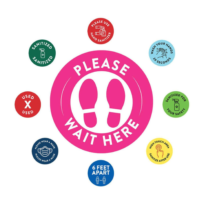 Social Distancing Round 6 Feet Apart Floor Stickers Business Signs, Vinyl Sticker Decals Part 2-Set of 50-Andaz Press-Please Wait Here Fuchsia-