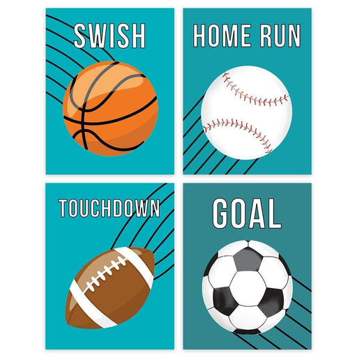 Sports Themed Boys Nursery Room Wall Art, Aqua Basketball Baseball Soccer Football-Set of 4-Andaz Press-