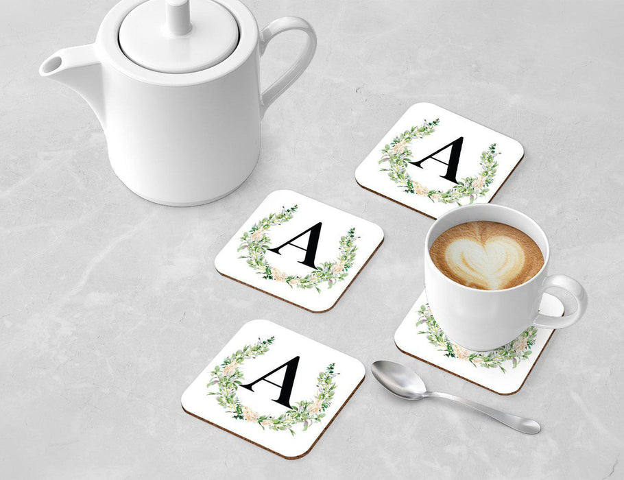 Square Coffee Drink Coasters Gift Set, Garden Green Monogram-Set of 4-Andaz Press-A-