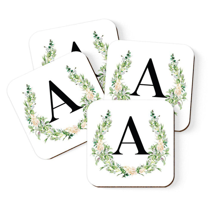 Square Coffee Drink Coasters Gift Set, Garden Green Monogram-Set of 4-Andaz Press-A-