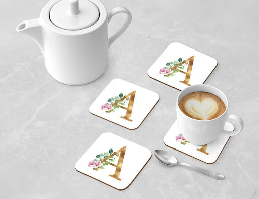 Square Coffee Drink Coasters Gift Set, Lush Bloom Monogram-Set of 4-Andaz Press-A-