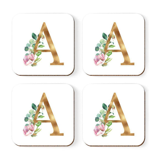 Square Coffee Drink Coasters Gift Set, Lush Bloom Monogram-Set of 4-Andaz Press-A-