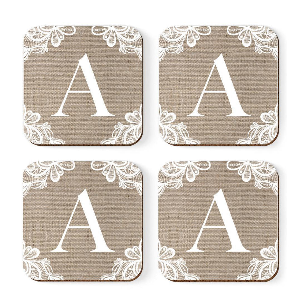 Square Coffee Drink Monogram Coasters Gift Set, Burlap Lace-Set of 4-Andaz Press-A-