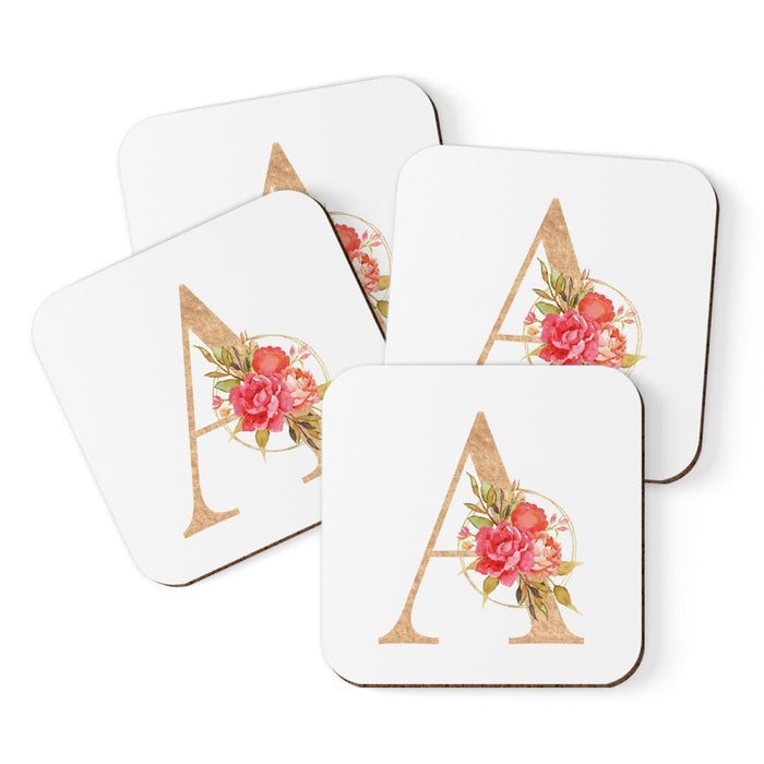 Square Coffee Drink Monogram Coasters Gift Set, Faux Gold Pink Floral-Set of 4-Andaz Press-A-