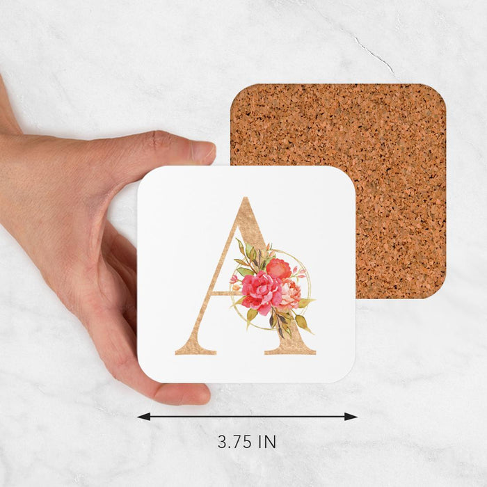 Square Coffee Drink Monogram Coasters Gift Set, Faux Gold Pink Floral-Set of 4-Andaz Press-A-