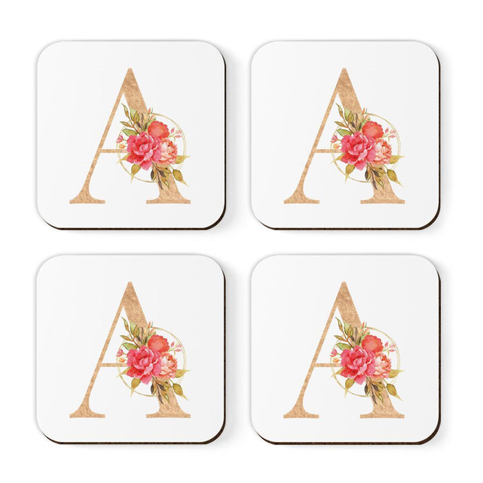 Square Coffee Drink Monogram Coasters Gift Set, Faux Gold Pink Floral-Set of 4-Andaz Press-A-