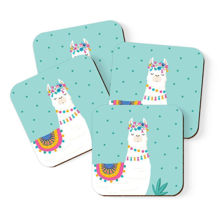 Square Drink Coffee Coasters Gift Set, Boho Design-Set of 4-Andaz Press-Boho Aqua Llama-