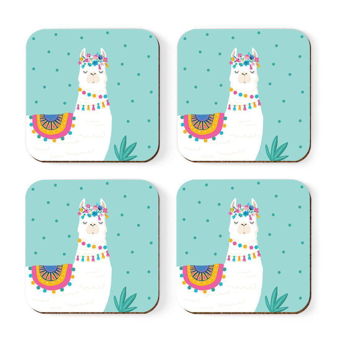 Square Drink Coffee Coasters Gift Set, Boho Design-Set of 4-Andaz Press-Boho Aqua Llama-