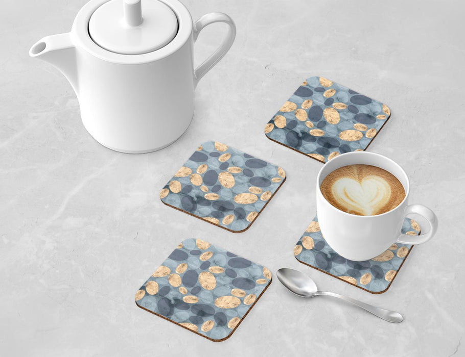 Square Drink Coffee Coasters Gift Set, Boho-Set of 4-Andaz Press-Boho Blue Gold Pebbles-