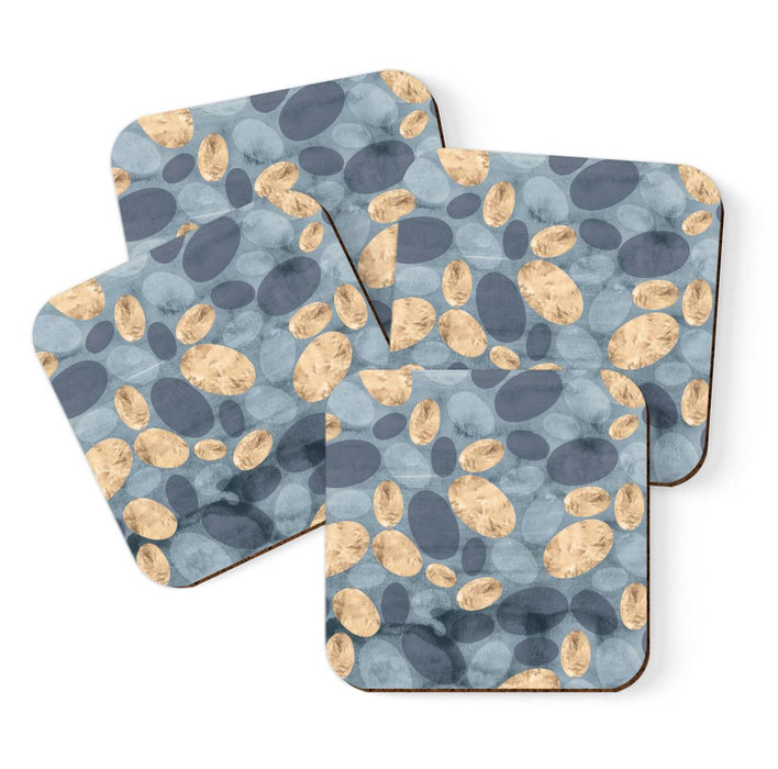 Square Drink Coffee Coasters Gift Set, Boho-Set of 4-Andaz Press-Boho Blue Gold Pebbles-