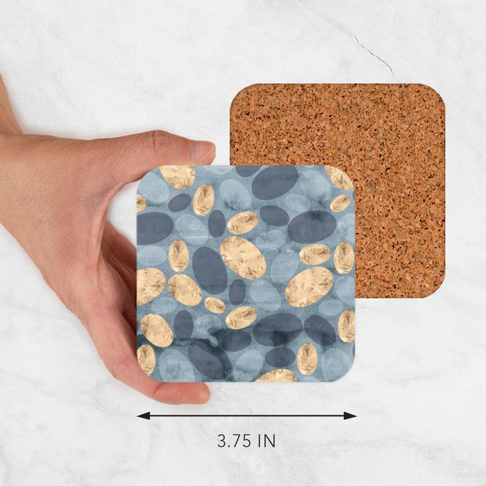 Square Drink Coffee Coasters Gift Set, Boho-Set of 4-Andaz Press-Boho Blue Gold Pebbles-