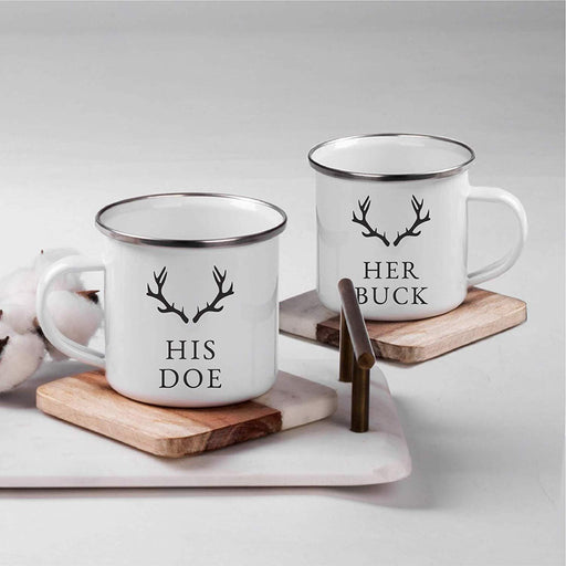 Stainless Steel Campfire Coffee Mugs Gift Set, His Doe, Her Buck, Deer Antlers Graphic-Set of 2-Andaz Press-