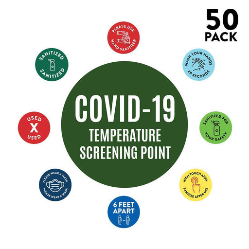 Temperature Check Stop, Round Covid Business Signs Vinyl Sticker Decals-Set of 50-Andaz Press-Temperature Screening Point-