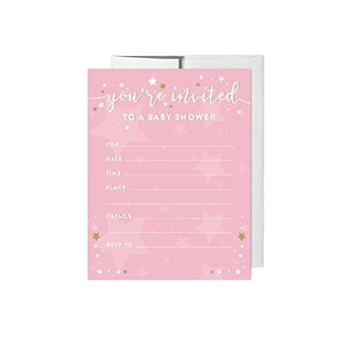 Twinkle Twinkle Little Star Pink Baby Shower Blank Invitations with Envelopes-Set of 20-Andaz Press-