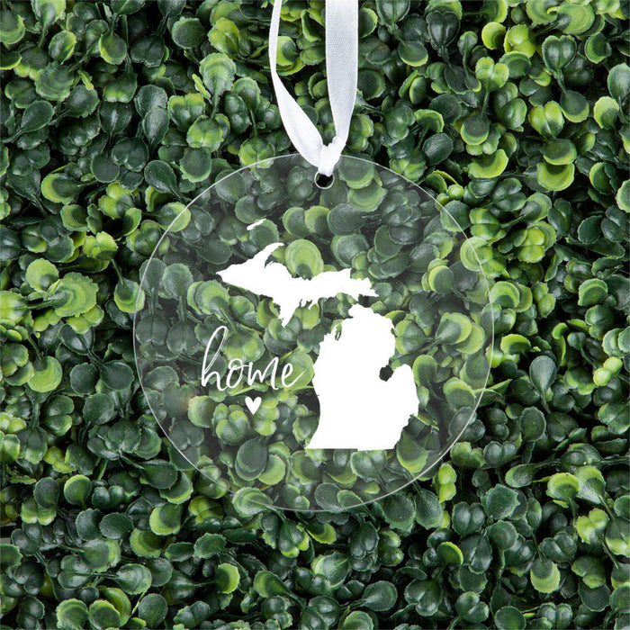 US State Round Clear Acrylic Christmas Ornament Keepsake, Long Distance Christmas Ideas-Set of 1-Andaz Press-Michigan-