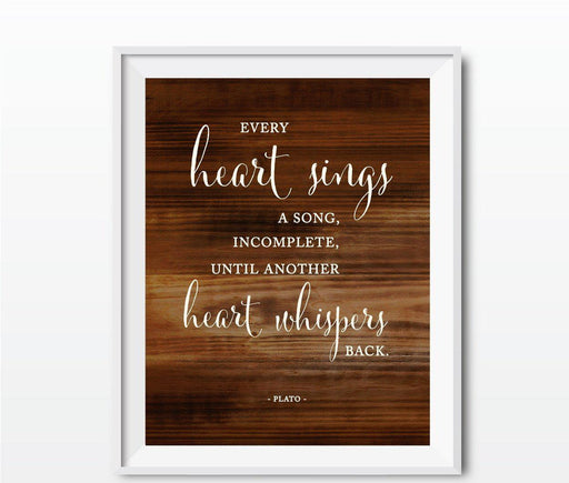 Wedding Love Quote Wall Art, Rustic Wood Poster Prints-Set of 1-Andaz Press-Every heart sings a song...Plato-