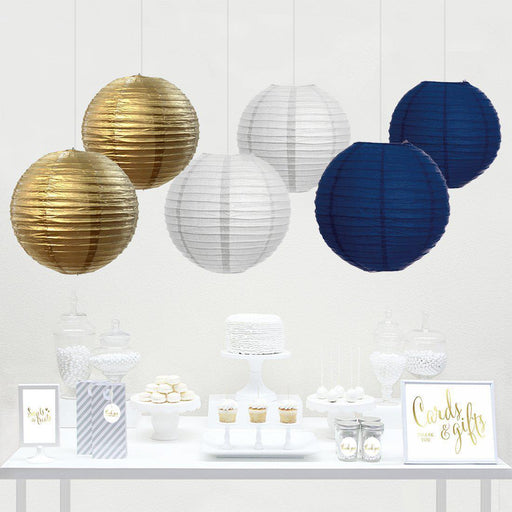 White, Gold, Navy Blue Hanging Paper Lanterns Decorative Kit-Set of 6-Andaz Press-