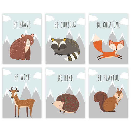 Woodland Animals Nursery Room Wall Art-Set of 6-Andaz Press-Inspirational, Mountain Scene, Bear Raccoon, Fox, Deer, Squirrel-