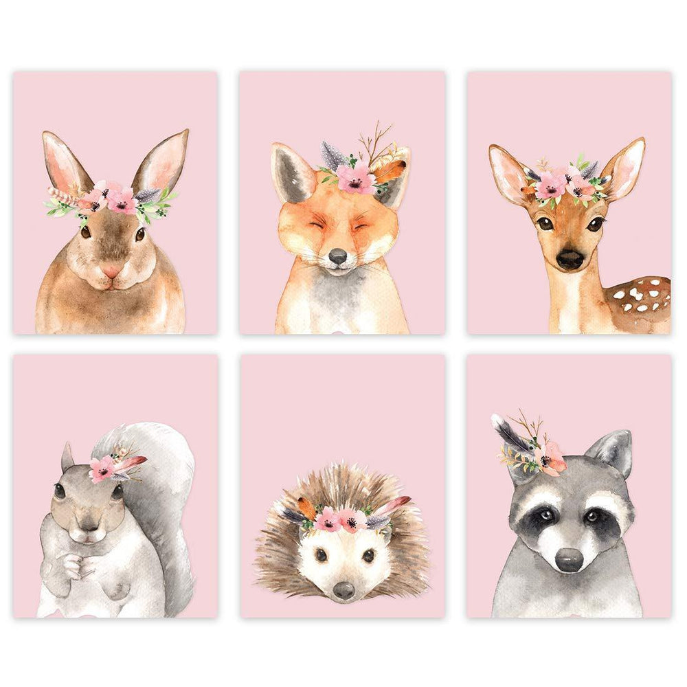 Woodland Forest Animals Nursery Room Wall Art-Set of 6-Andaz Press-Pink Floral Roses Woodland Forest Animals Rabbit Fox Deer Hedgehog Raccoon-